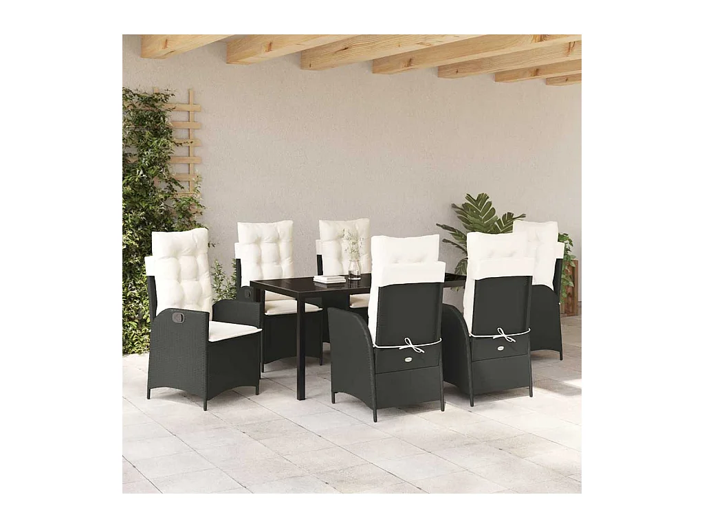 Set de jardin 7 pièces avec coussins Noir Poly Rattan