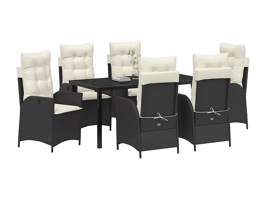 Set de jardin 7 pièces avec coussins Noir Poly Rattan