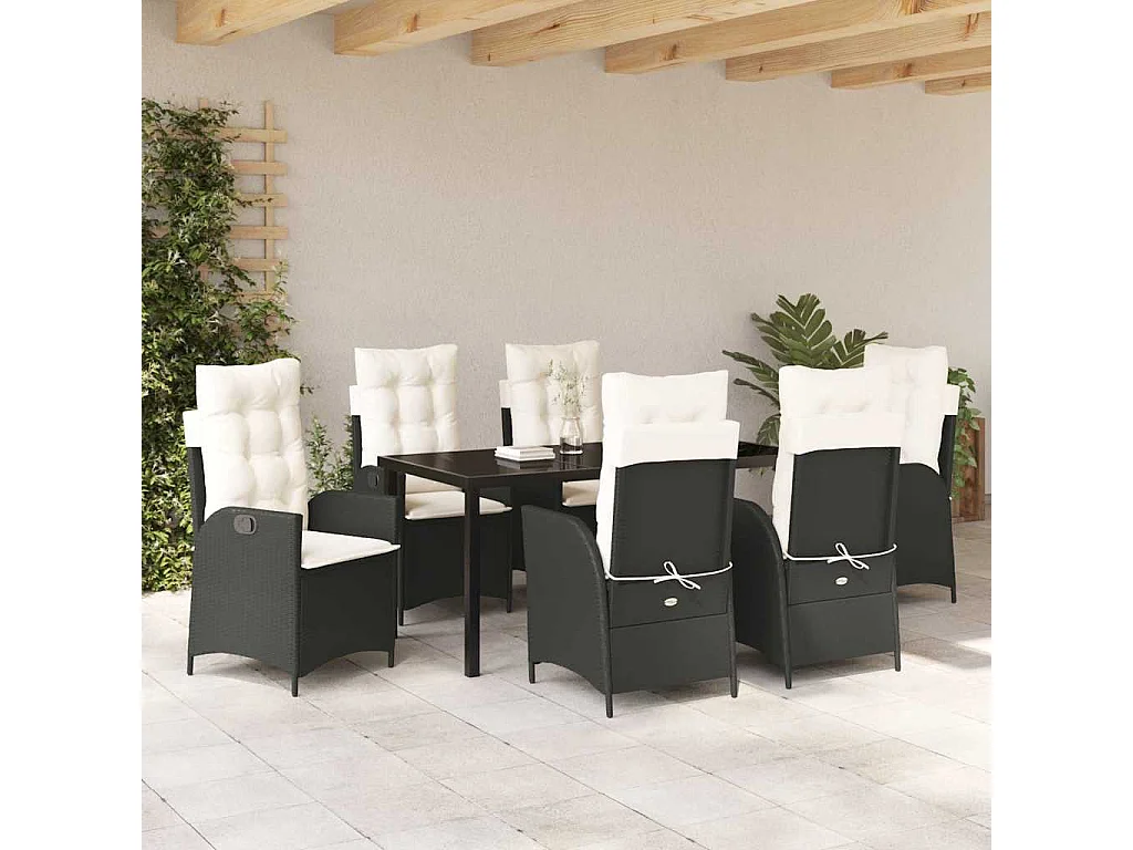 Set de jardin 7 pièces avec coussins Noir Poly Rattan