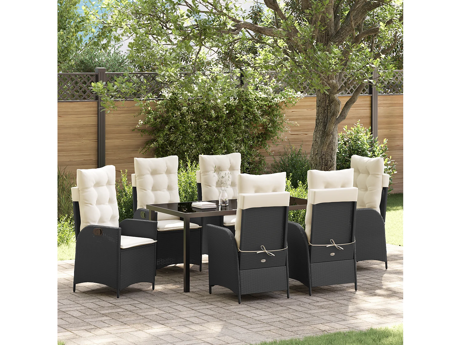 Set de jardin 7 pièces avec coussins Noir Poly Rattan