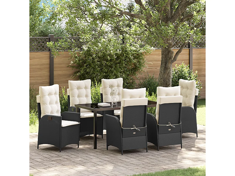 Set de jardin 7 pièces avec coussins Noir Poly Rattan