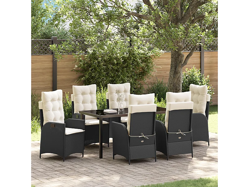 Set de jardin 7 pièces avec coussins Noir Poly Rattan