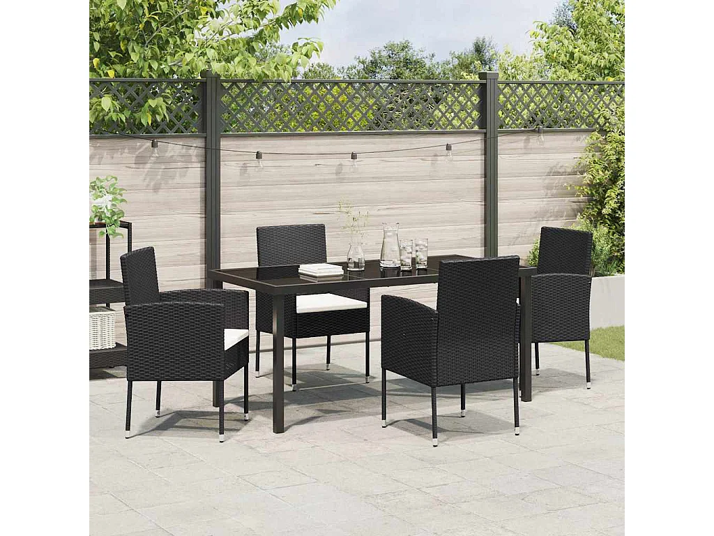Set de repas de jardin 5 pièces avec coussins en rattan polyester noir