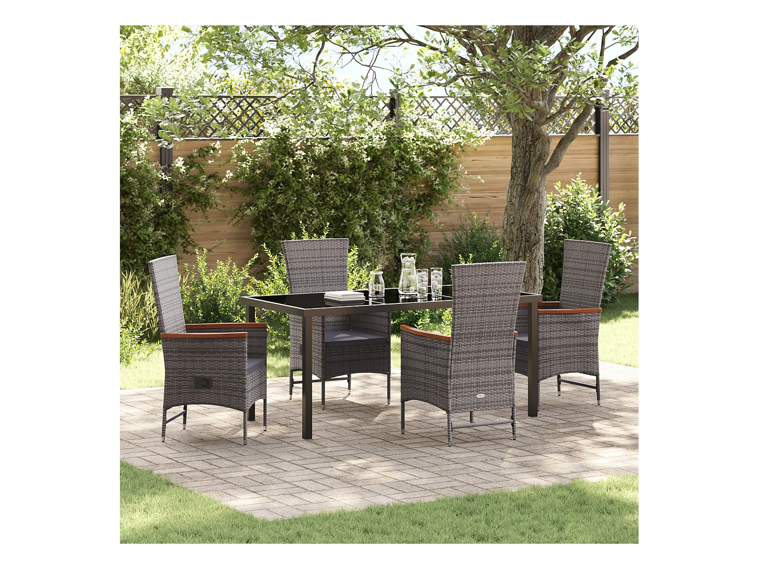 Set da pranzo da giardino da 5 pezzi con cuscini in polyrattan grigio