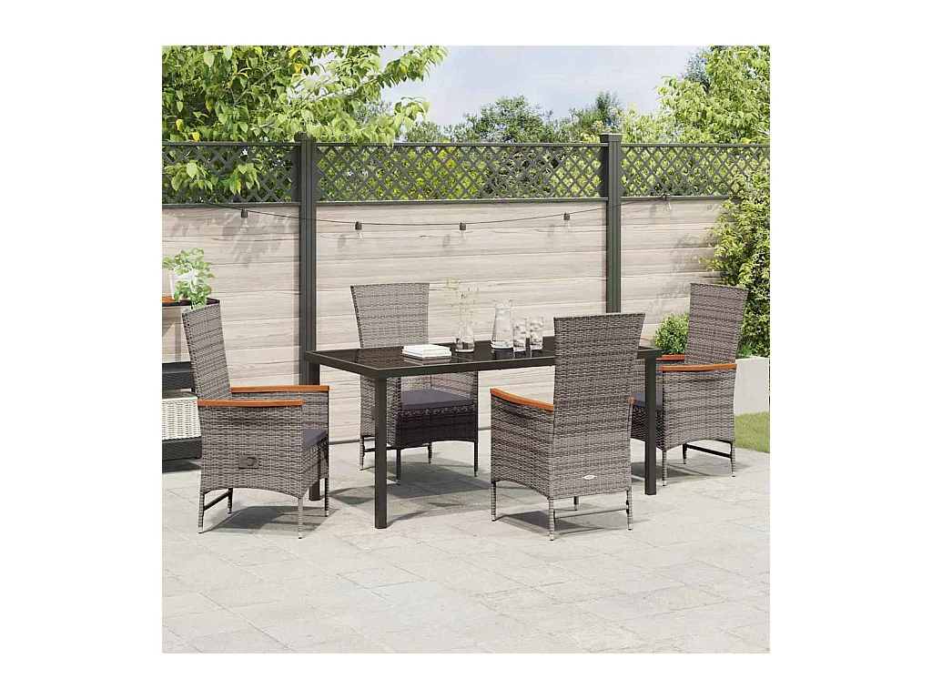 Set da pranzo da giardino da 5 pezzi con cuscini in polyrattan grigio