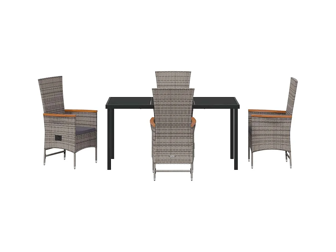 Set da pranzo da giardino da 5 pezzi con cuscini in polyrattan grigio