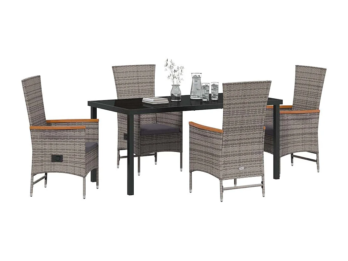 Juego de comedor de jardín de 5 piezas con cojines de ratán sintético gris