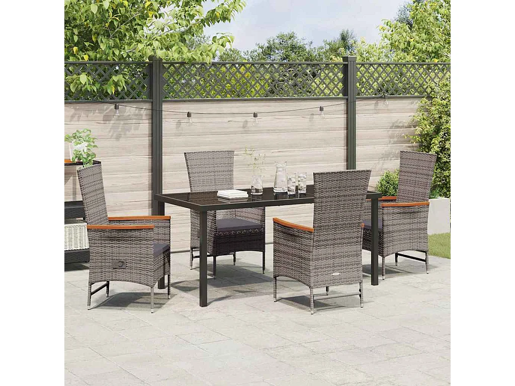 Juego de comedor de jardín de 5 piezas con cojines de ratán sintético gris