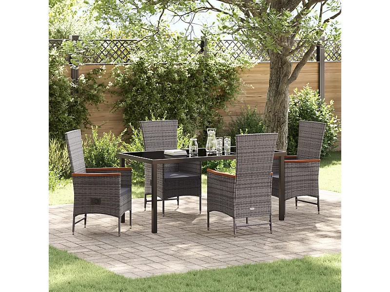 Set da pranzo da giardino da 5 pezzi con cuscini in polyrattan grigio