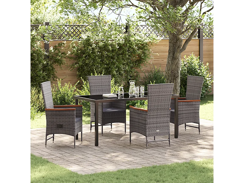 Set da pranzo da giardino da 5 pezzi con cuscini in polyrattan grigio