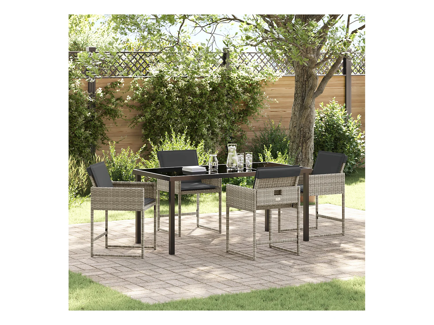 Set da pranzo da giardino 5 pezzi con cuscini grigio chiaro in rattan sintetico