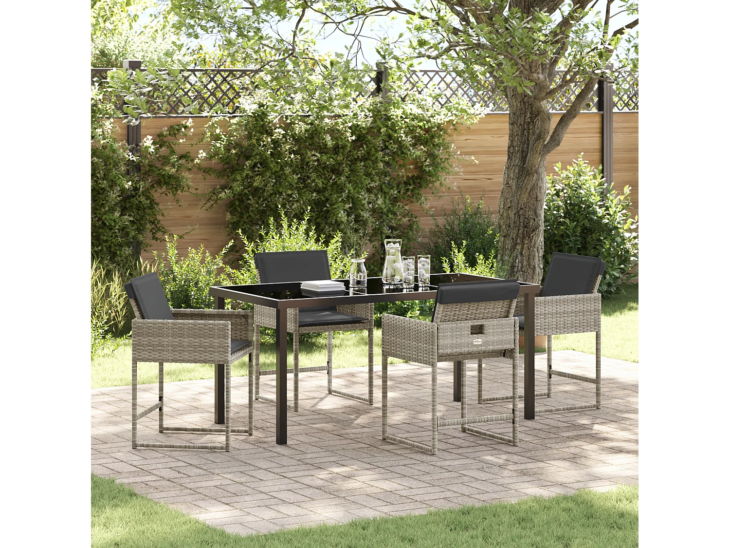 Ensemble de salle à manger de jardin 5 pièces avec coussins gris clair en rattan synthétique