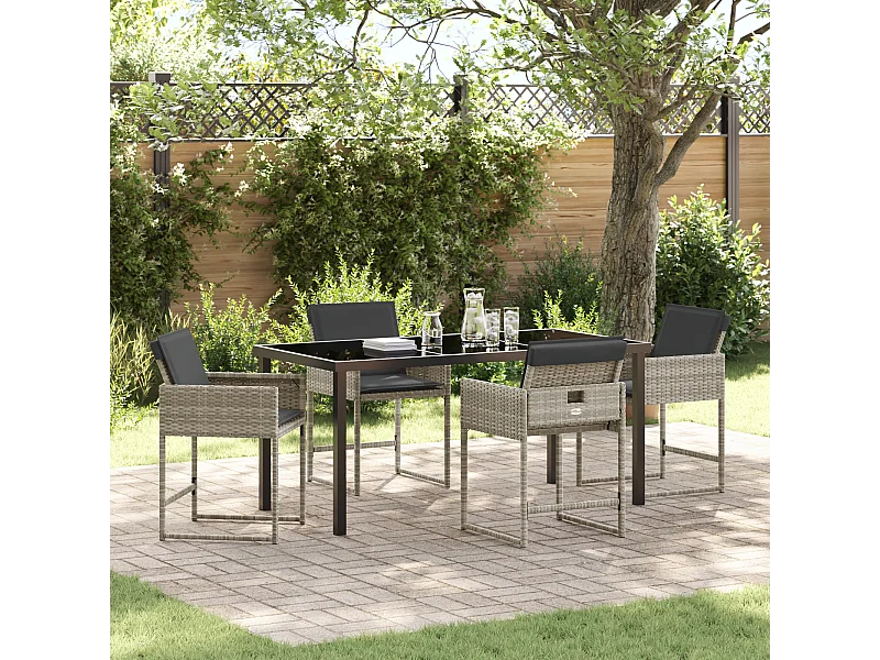5-teiliges Garten-Essset mit hellgrauen Kissen aus synthetischem Rattan