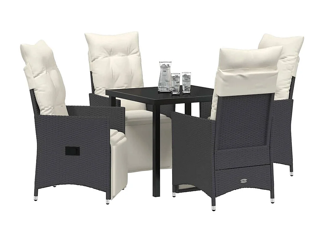 Ensemble de salle à manger de jardin 5 pièces avec coussins en rattan poly noir