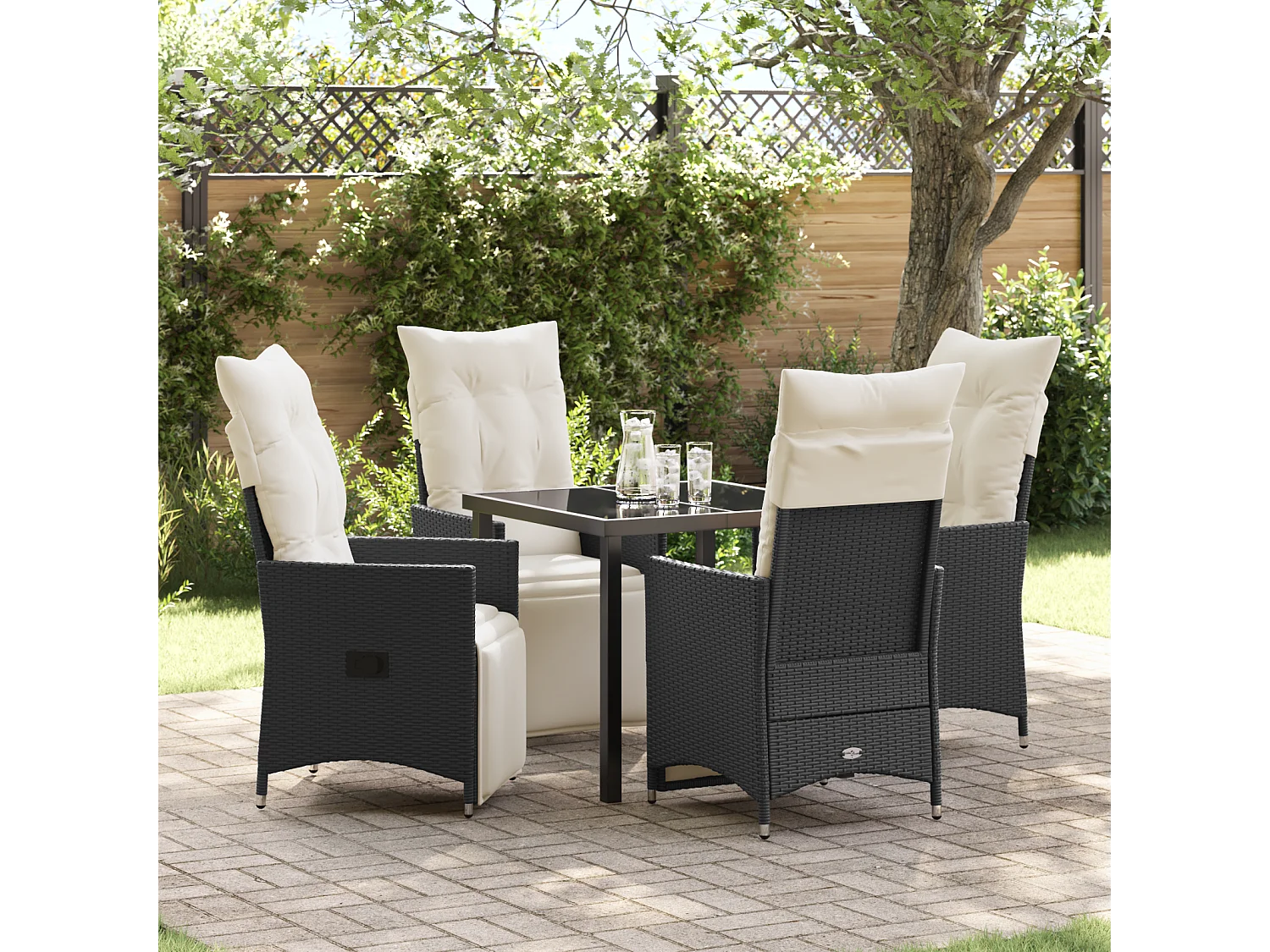 Ensemble de salle à manger de jardin 5 pièces avec coussins en rattan poly noir