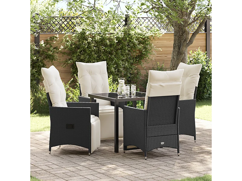 Ensemble de salle à manger de jardin 5 pièces avec coussins en rattan poly noir
