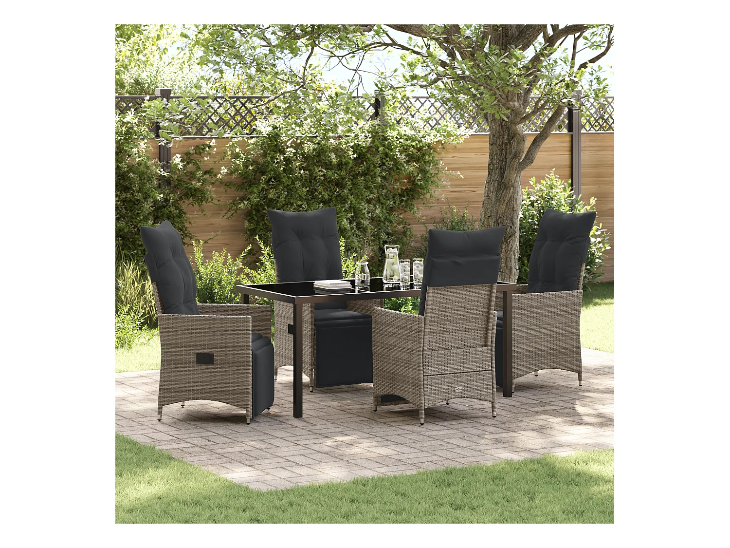 Set da pranzo da giardino da 5 pezzi con cuscini in polyrattan grigio