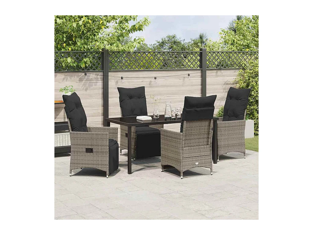 Set da pranzo da giardino da 5 pezzi con cuscini in polyrattan grigio