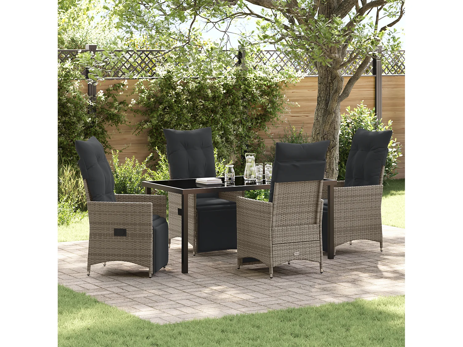 Set da pranzo da giardino da 5 pezzi con cuscini in polyrattan grigio