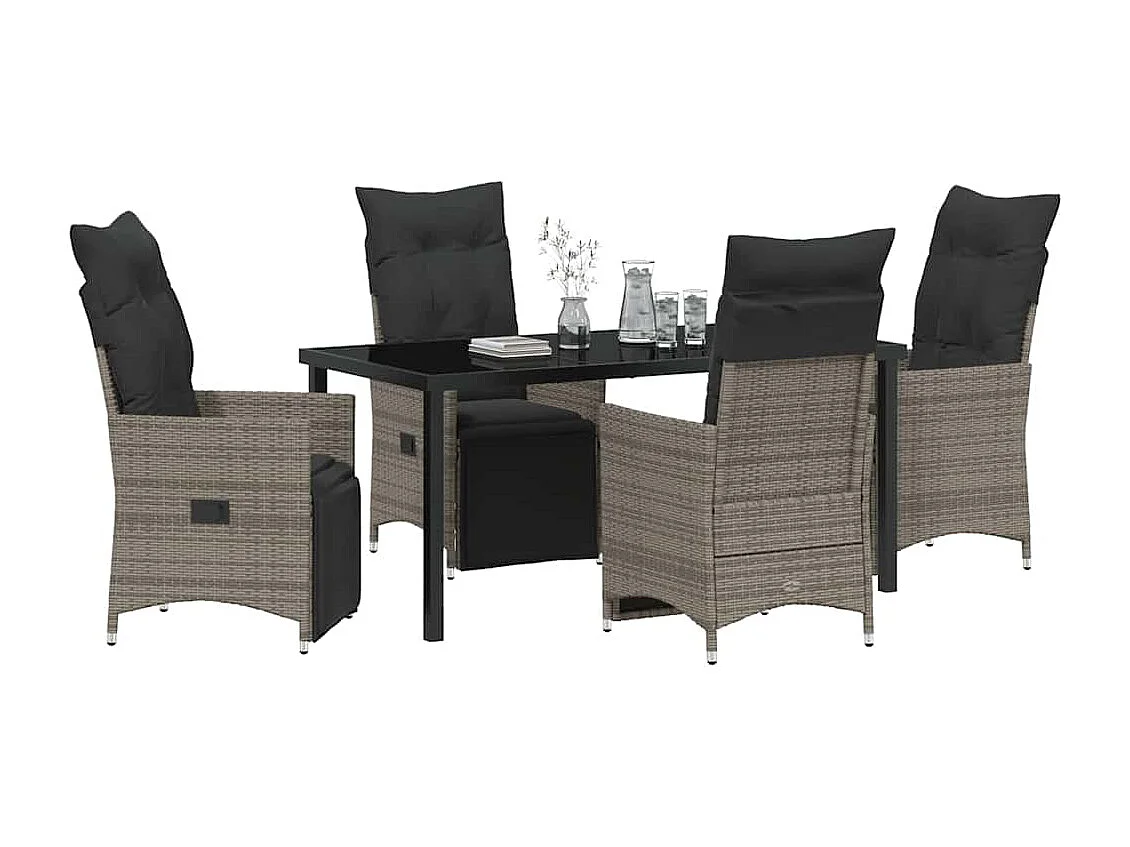 Set da pranzo da giardino da 5 pezzi con cuscini in polyrattan grigio