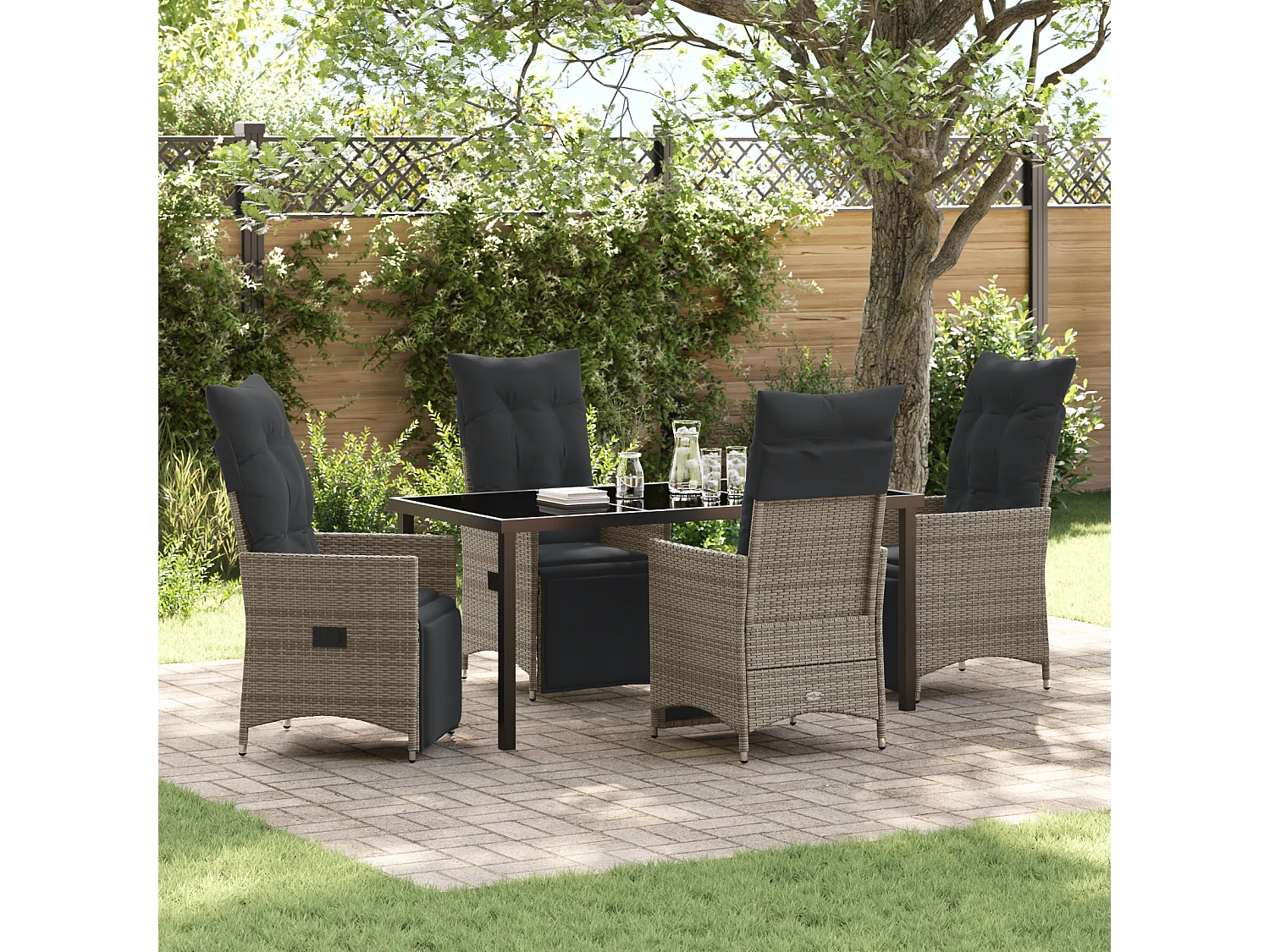 Ensemble de repas de jardin 5 pièces avec coussins gris poly rattan