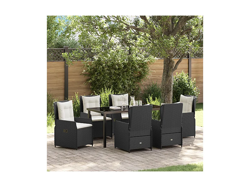 Set da pranzo da giardino in polyrattan nero da 7 pezzi