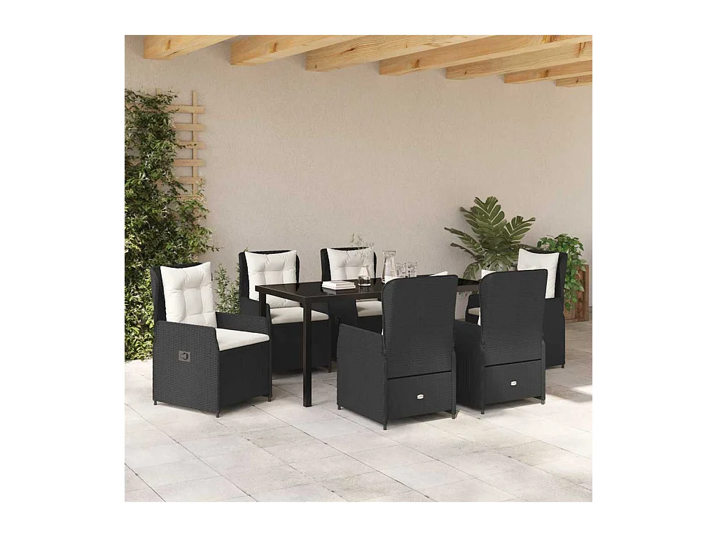 Set da pranzo da giardino in polyrattan nero da 7 pezzi