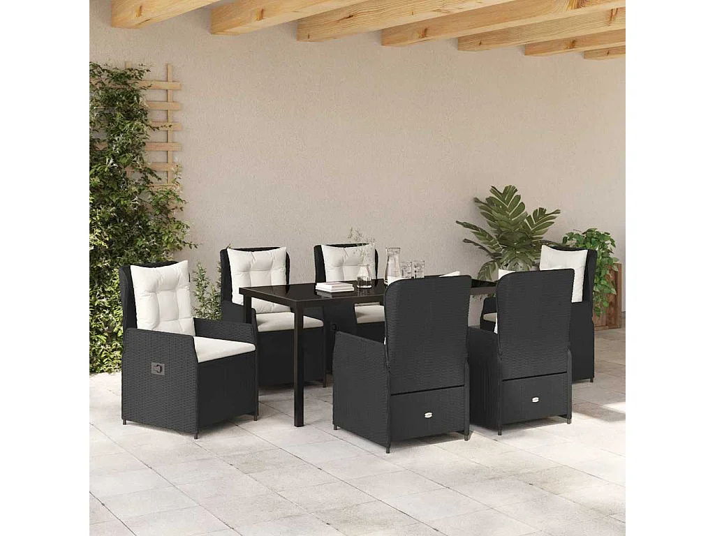 Ensemble de salle à manger de jardin 7 pièces en poly rotin noir