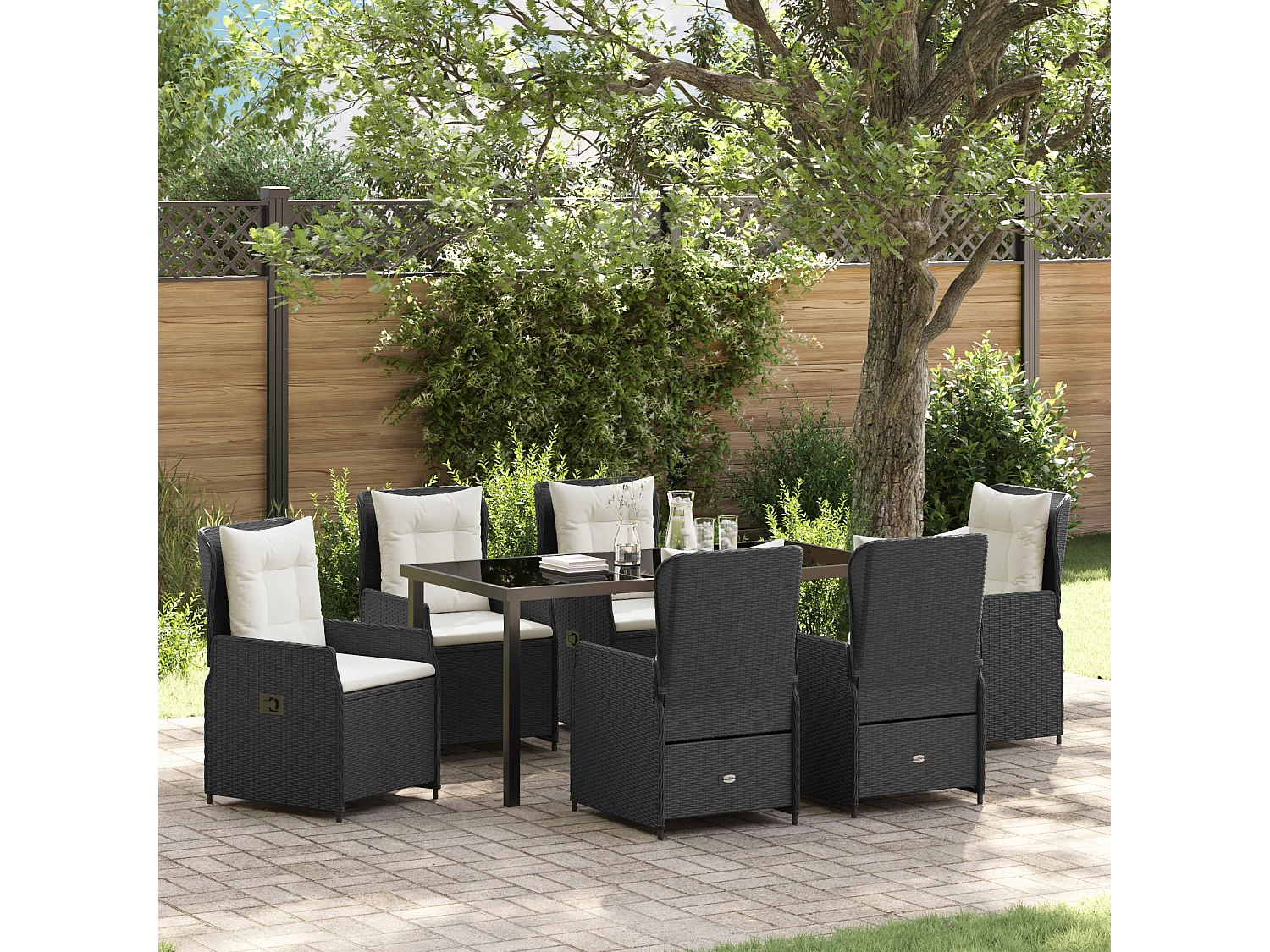 Set da pranzo da giardino in polyrattan nero da 7 pezzi