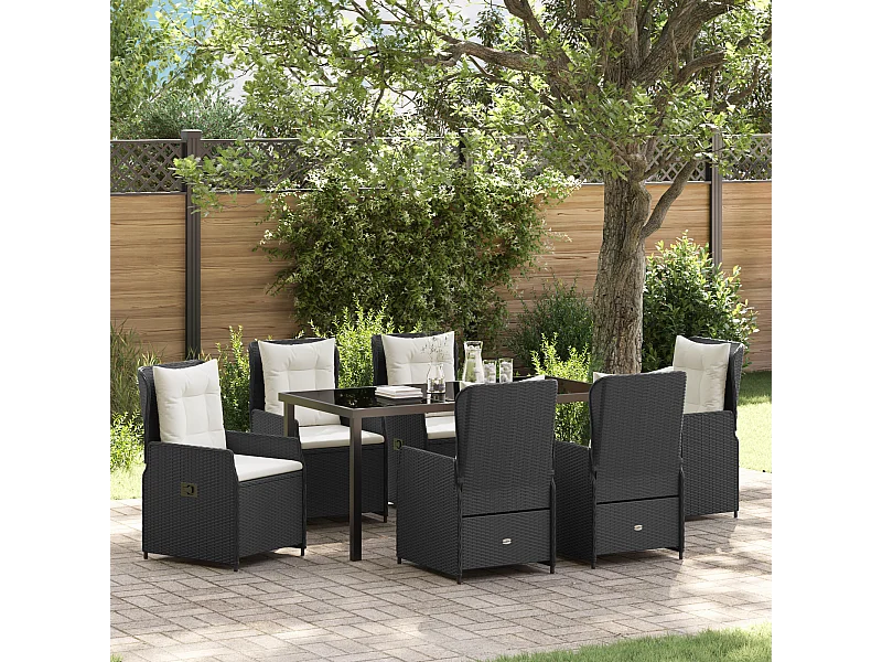 Set da pranzo da giardino in polyrattan nero da 7 pezzi