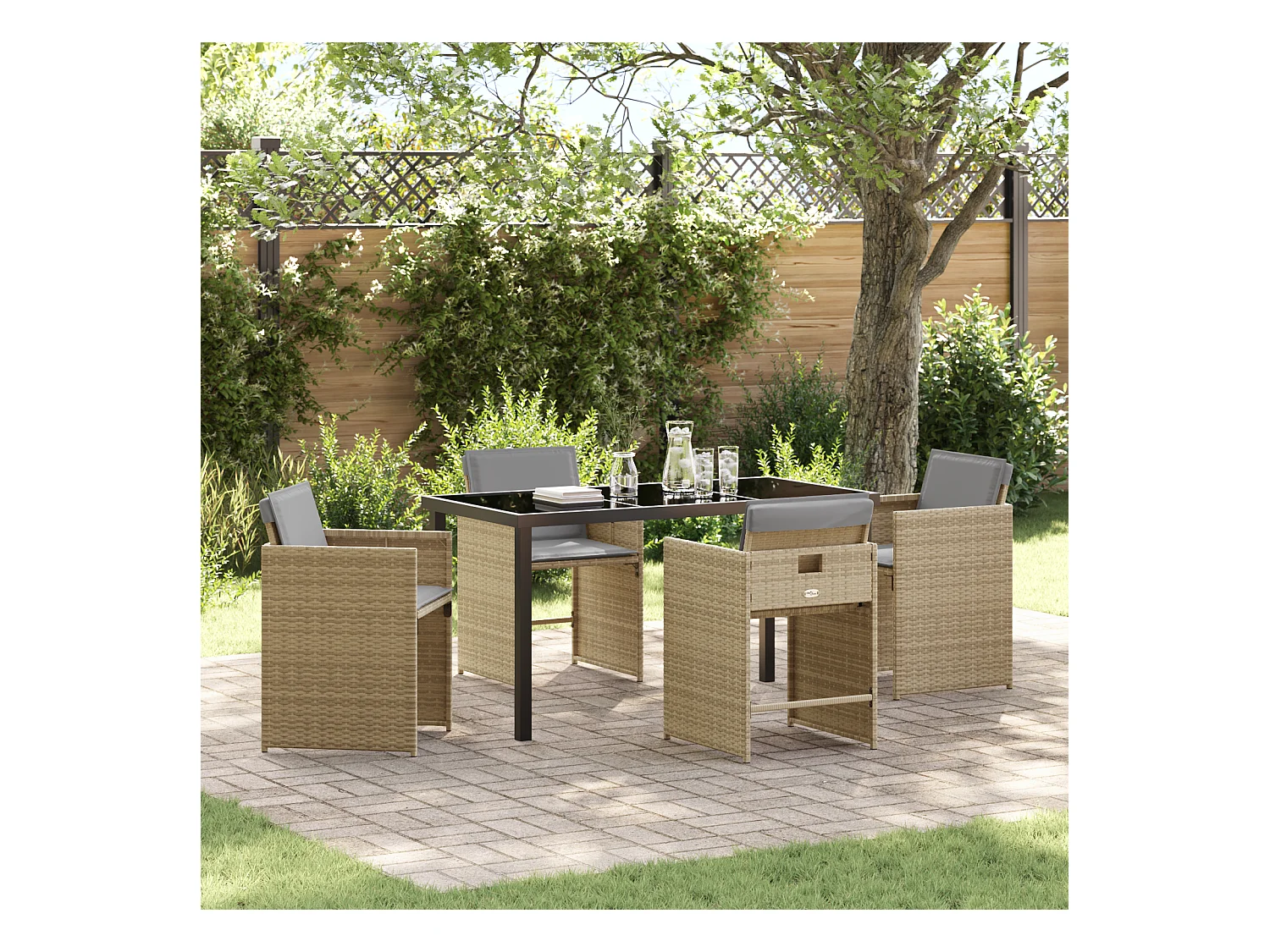 Ensemble repas jardin 5 pièces avec coussins Beige Poly Rattan