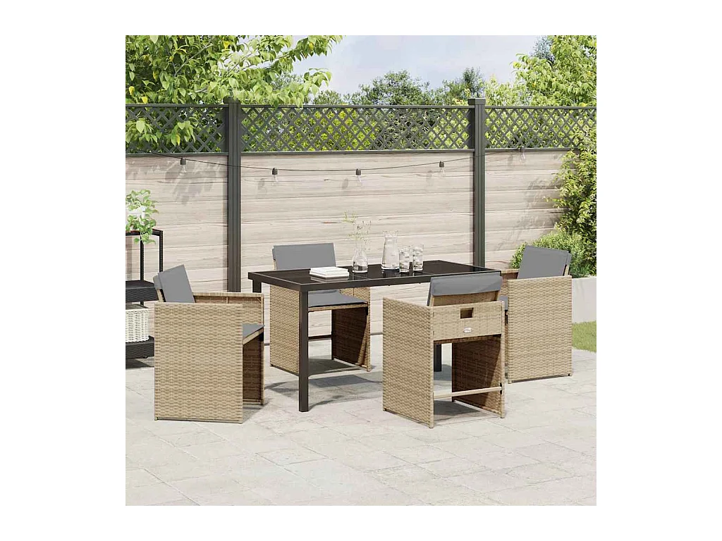Ensemble repas jardin 5 pièces avec coussins Beige Poly Rattan