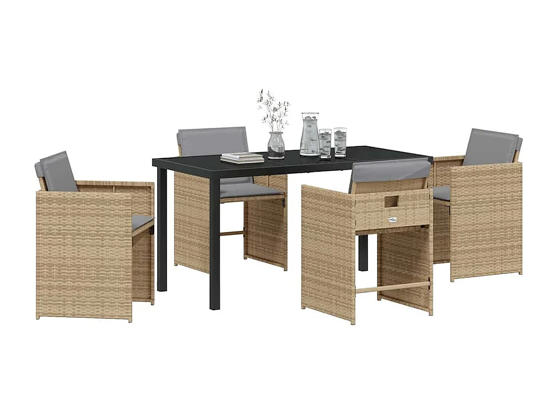 Ensemble repas jardin 5 pièces avec coussins Beige Poly Rattan