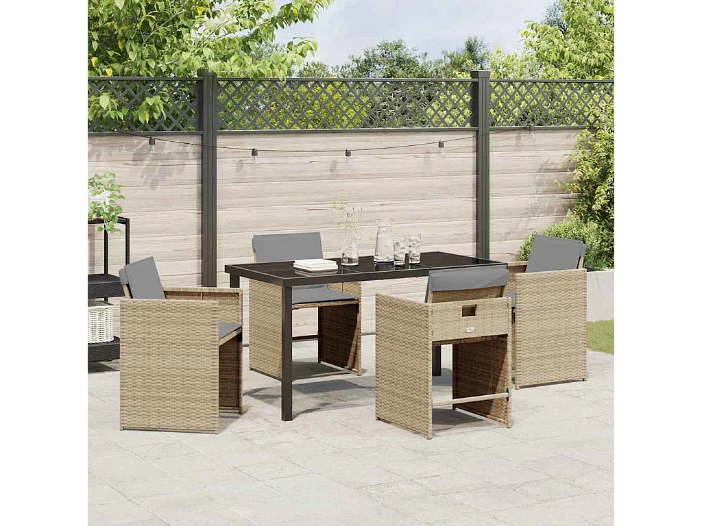 Ensemble repas jardin 5 pièces avec coussins Beige Poly Rattan