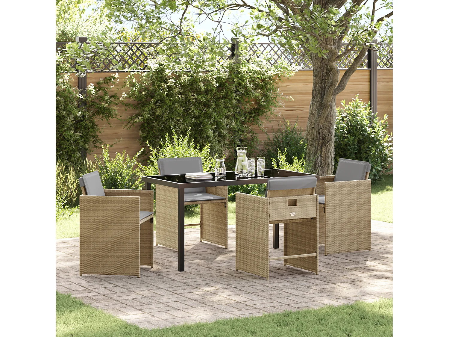 Juego de comedor de jardín de 5 piezas con cojines de ratán sintético beige