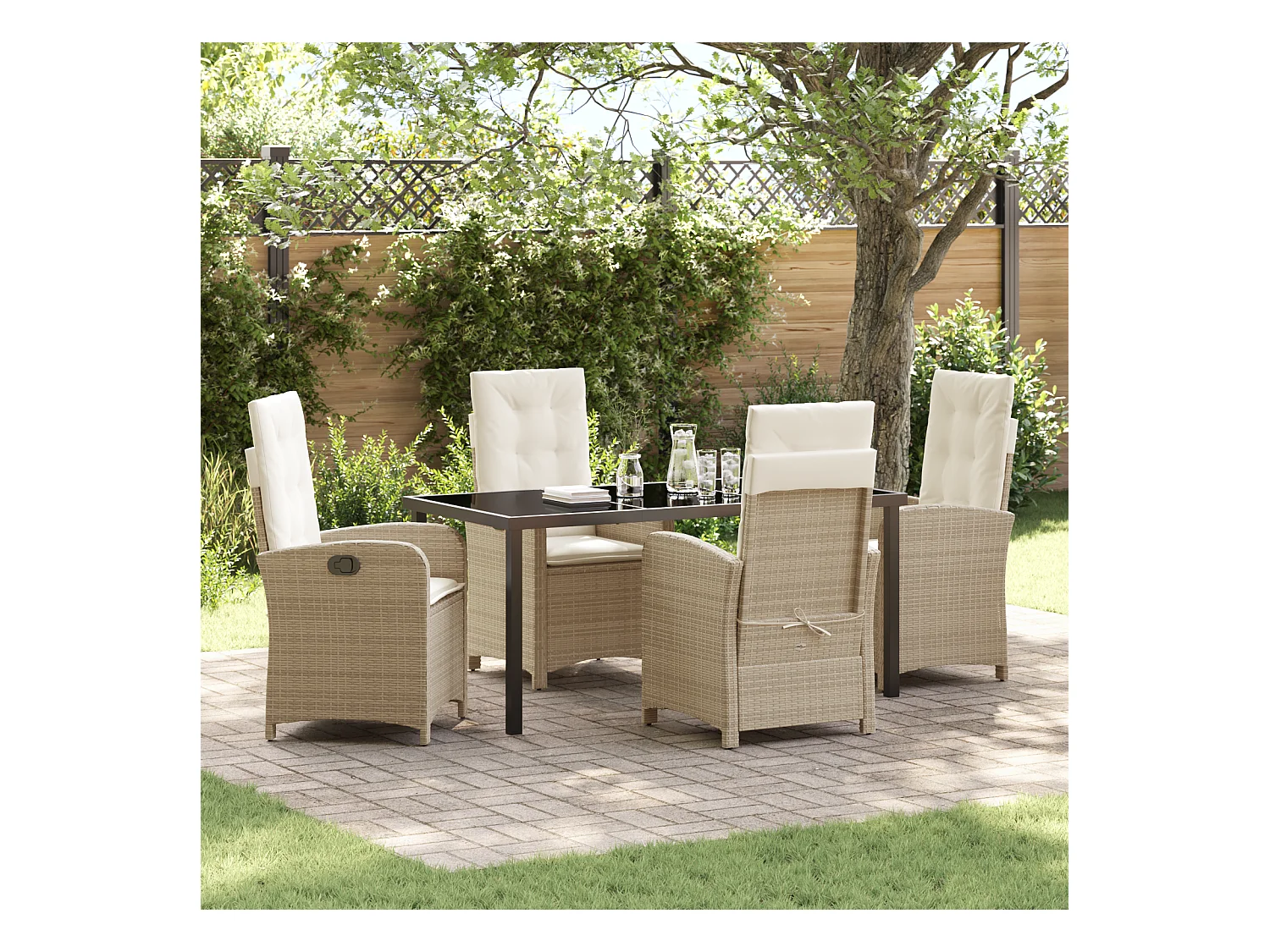 Ensemble de salle à manger de jardin 5 pièces avec coussins en polyrotin beige