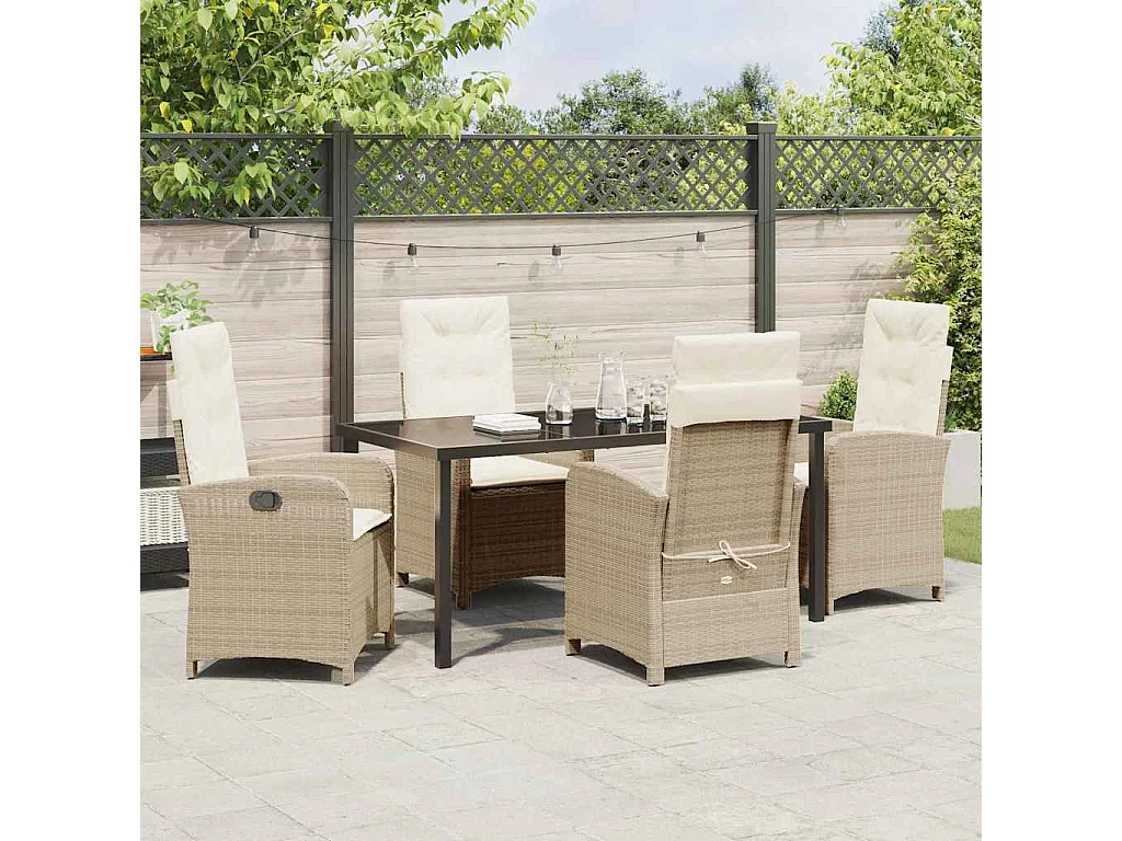 Conjunto de comedor de jardín de 5 piezas con cojines de polirratán beige