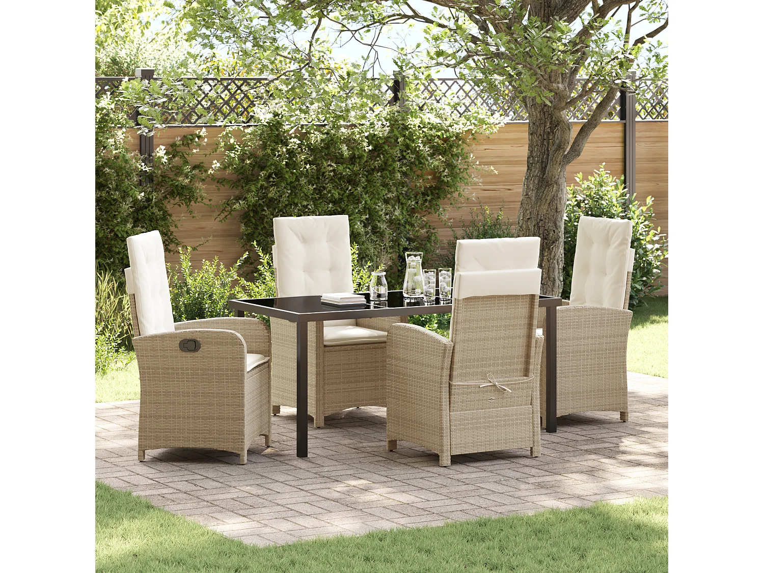 Conjunto de comedor de jardín de 5 piezas con cojines de polirratán beige