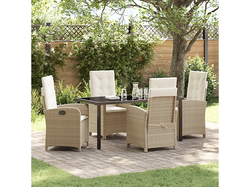 Ensemble de salle à manger de jardin 5 pièces avec coussins en polyrotin beige