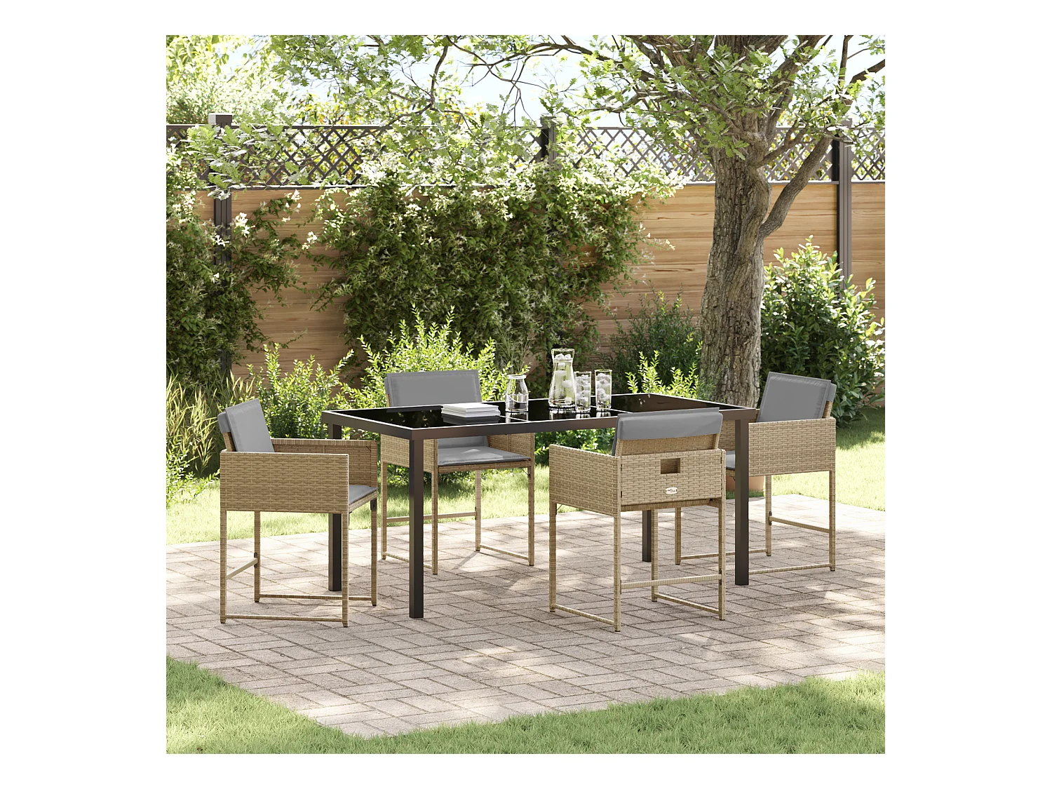 5-delige tuinset met beige kussens van polyrotan