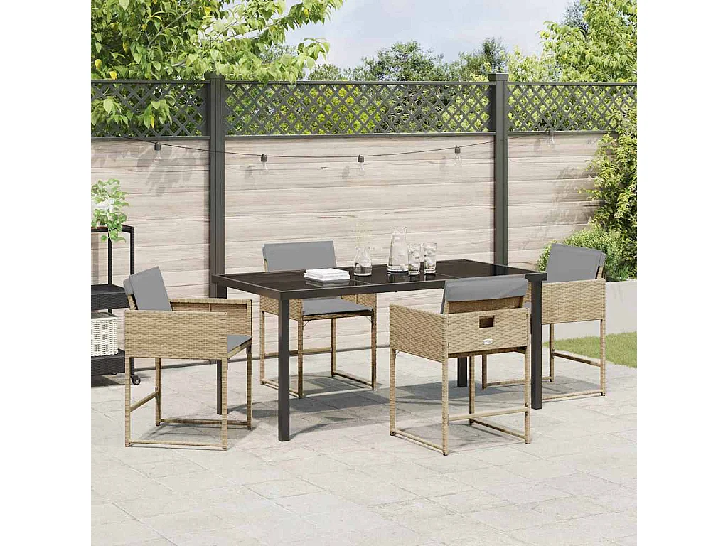 Set da pranzo da giardino 5 pezzi con cuscini beige in polyrattan
