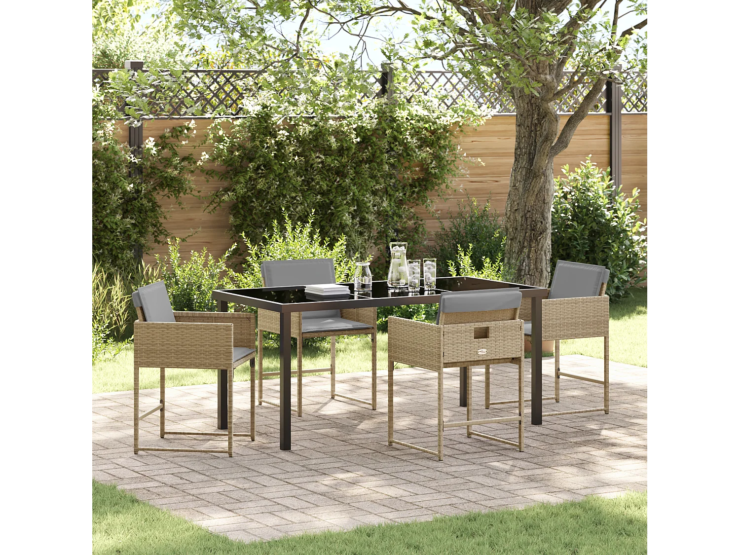Ensemble de Salle à Manger de Jardin de 5 pièces avec Coussins Beige Rattan Poly