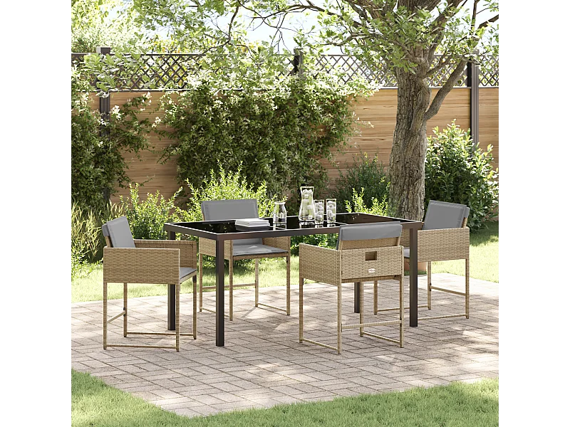 Ensemble de Salle à Manger de Jardin de 5 pièces avec Coussins Beige Rattan Poly