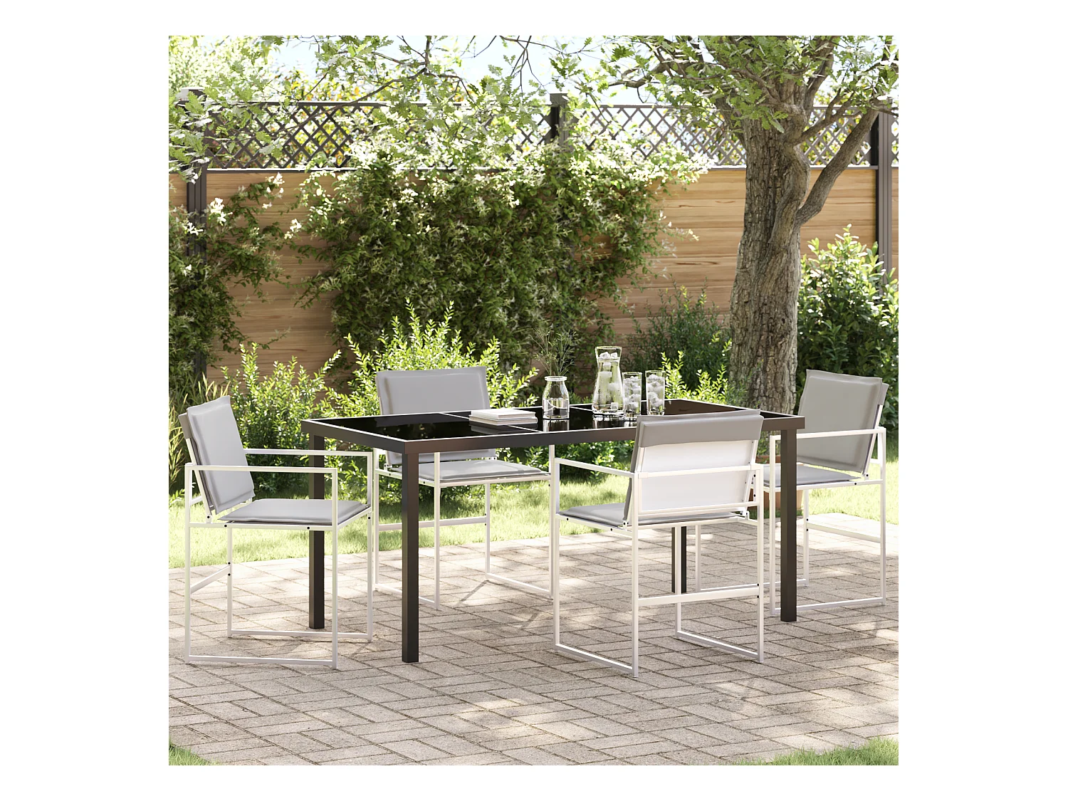 Juego de comedor de jardín de 5 piezas con textilene blanco y cojines de acero