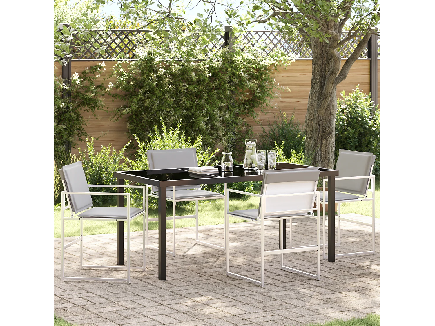 Ensemble de salle à manger de jardin 5 pièces avec coussins blanc Textilène et acier