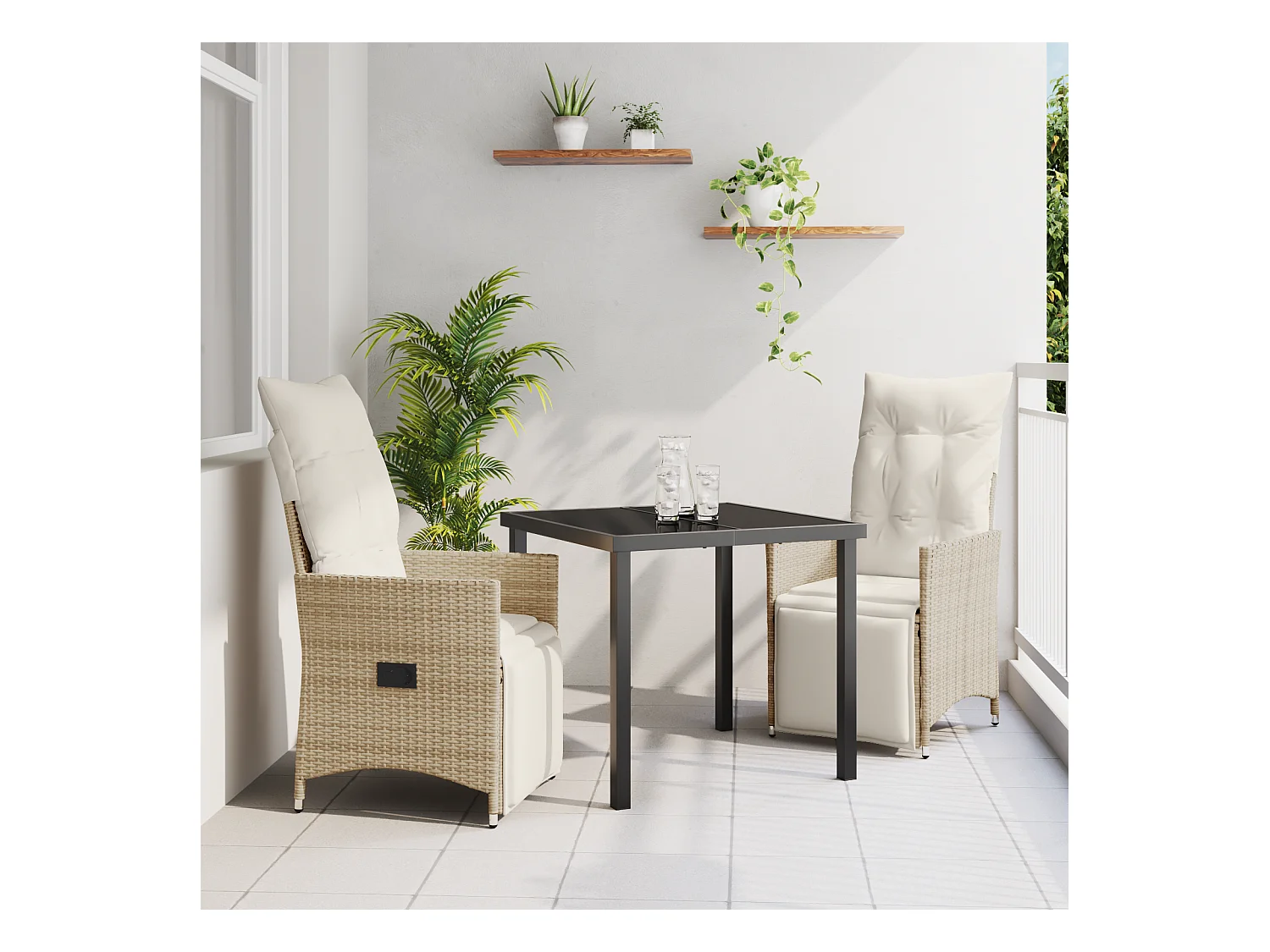 Set da pranzo da giardino 3 pezzi con cuscini in polyrattan beige