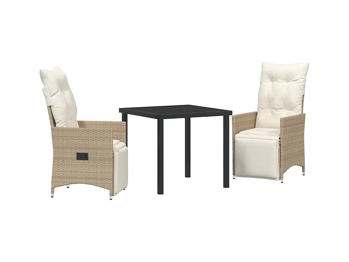 Set da pranzo da giardino 3 pezzi con cuscini in polyrattan beige