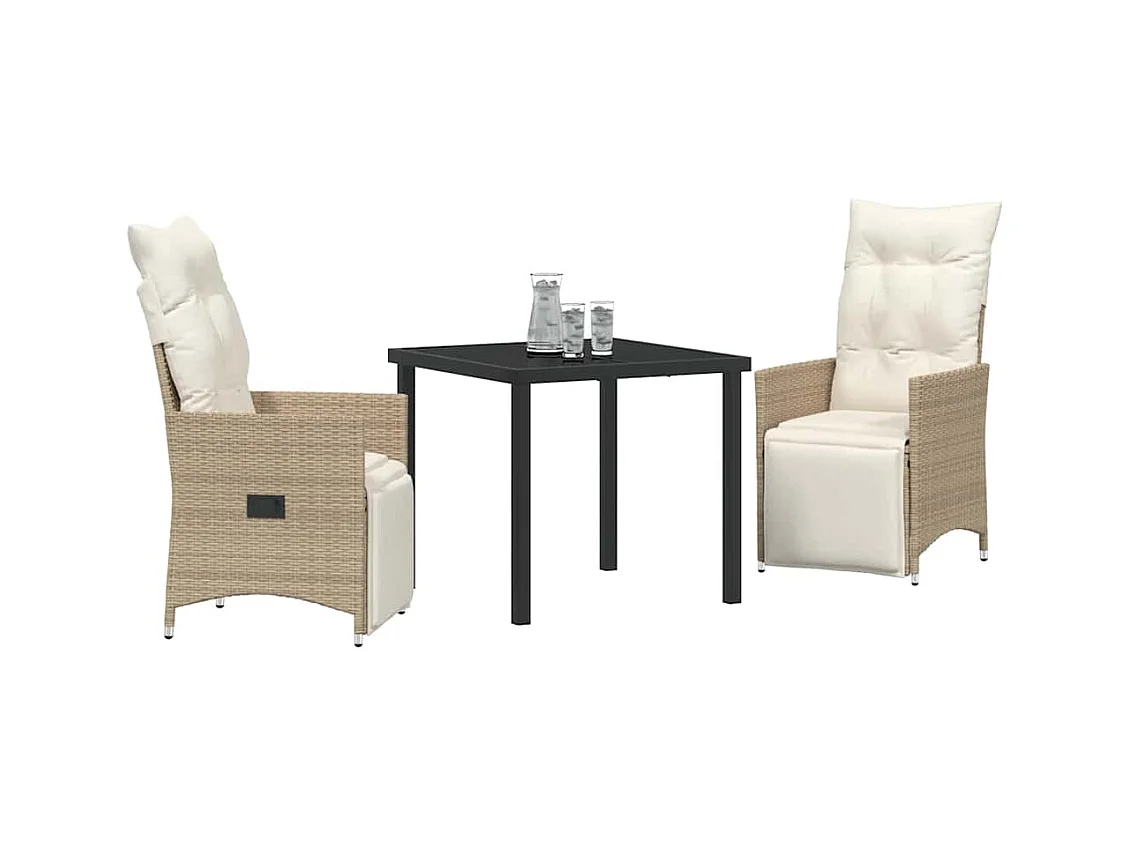 Set da pranzo da giardino 3 pezzi con cuscini in polyrattan beige