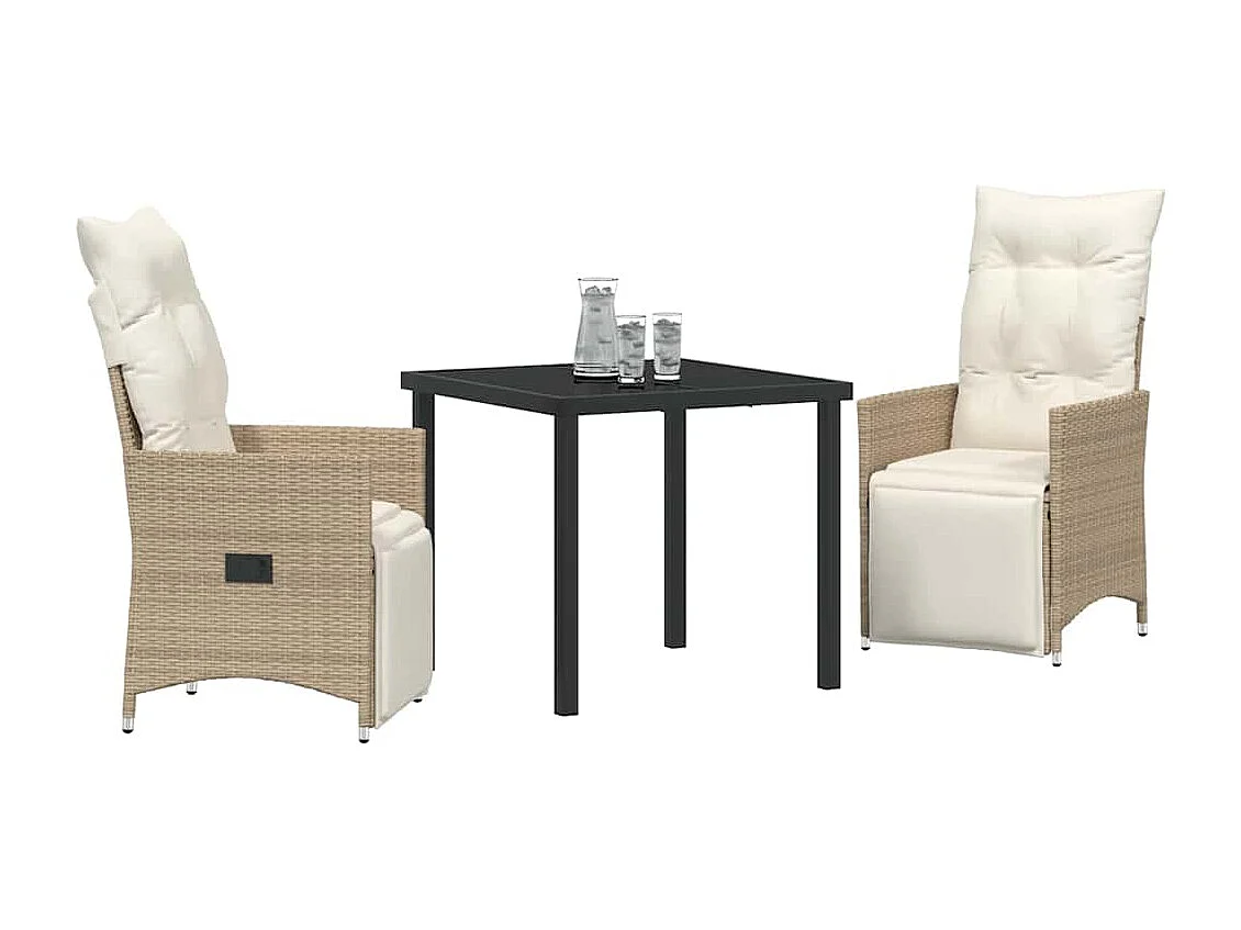Set da pranzo da giardino 3 pezzi con cuscini in polyrattan beige
