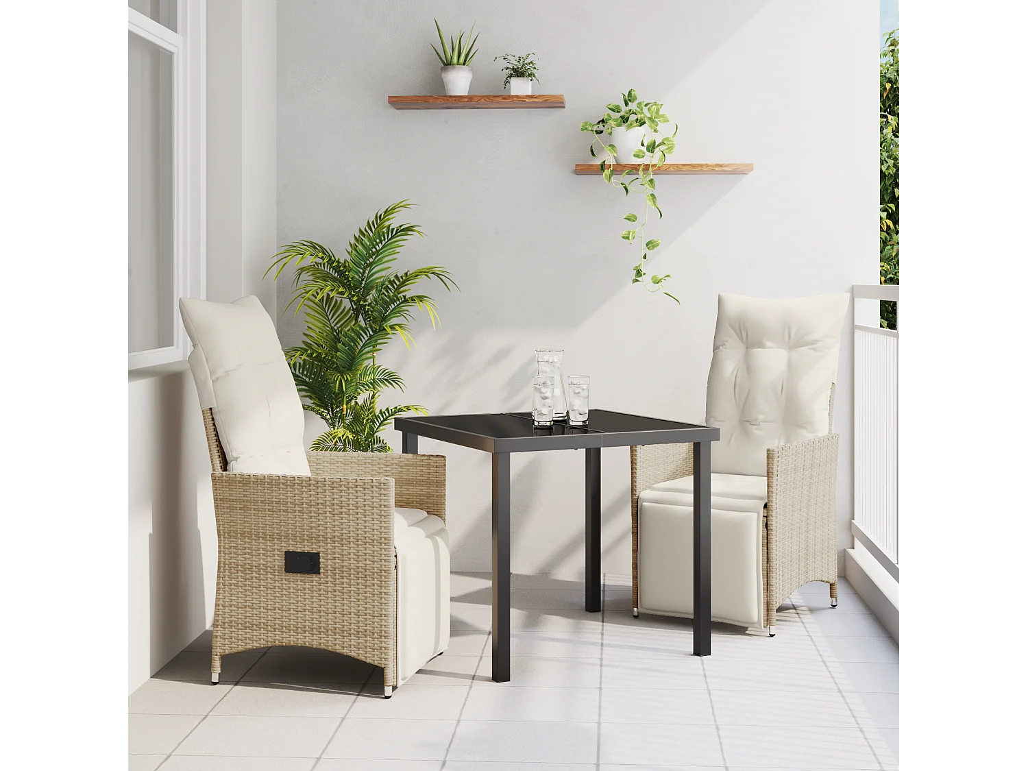 Ensemble de Salle à Manger de Jardin de 3 Pièces avec Coussins Beige Poly Rattan